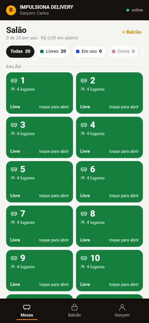 App do garçom mostrando o mapa de mesas do salão