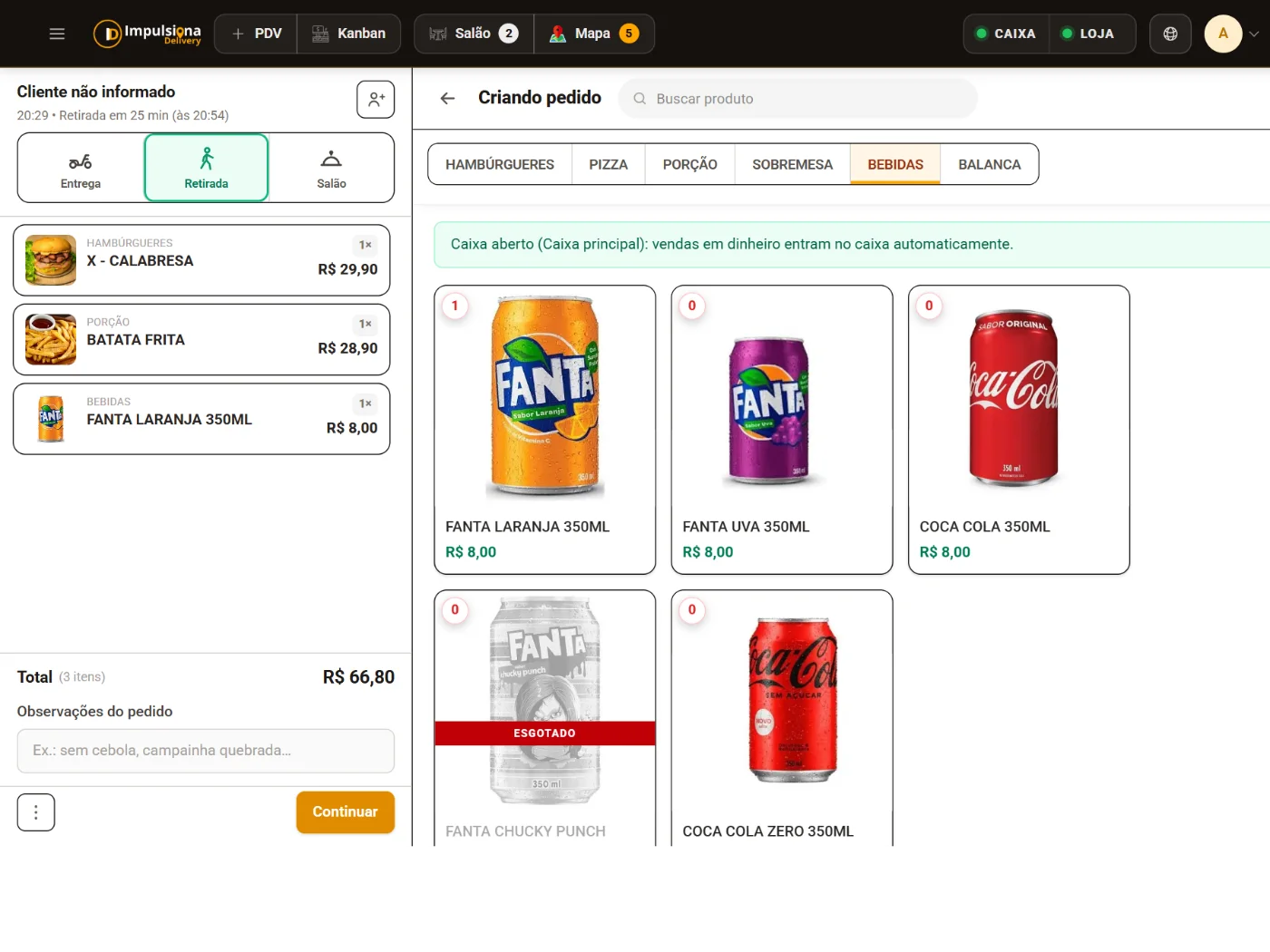 PDV da Impulsiona montando um pedido para retirada: X-Calabresa, batata frita e Fanta no carrinho, caixa aberto e as bebidas com foto