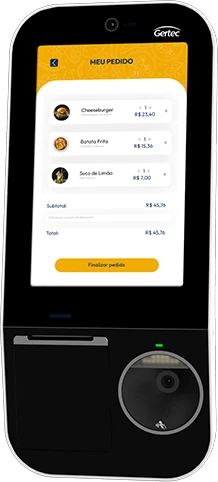 Totem Gertec SK210 com o cardápio da Impulsiona na tela